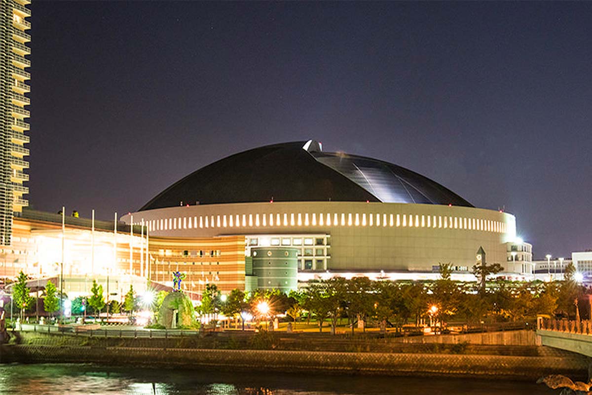 PayPay Dome baseball stadium in Fukuoka at dusk