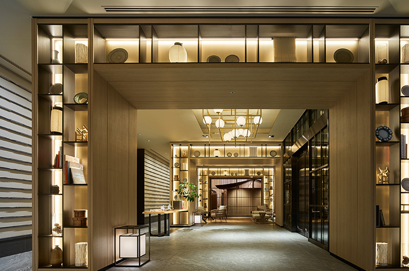 Lobby interior at Mitsui Garden Hotel Fukuoka Gion with contemporary design and warm lighting