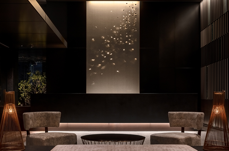 Lobby interior at Mitsui Garden Hotel Fukuoka Nakasu with contemporary water-themed design and self check-in kiosks