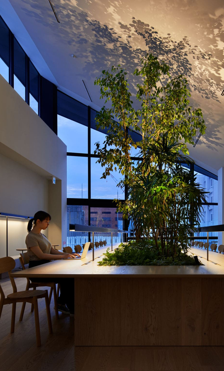 9h nine hours common lounge with indoor tree installation and long wooden work table
