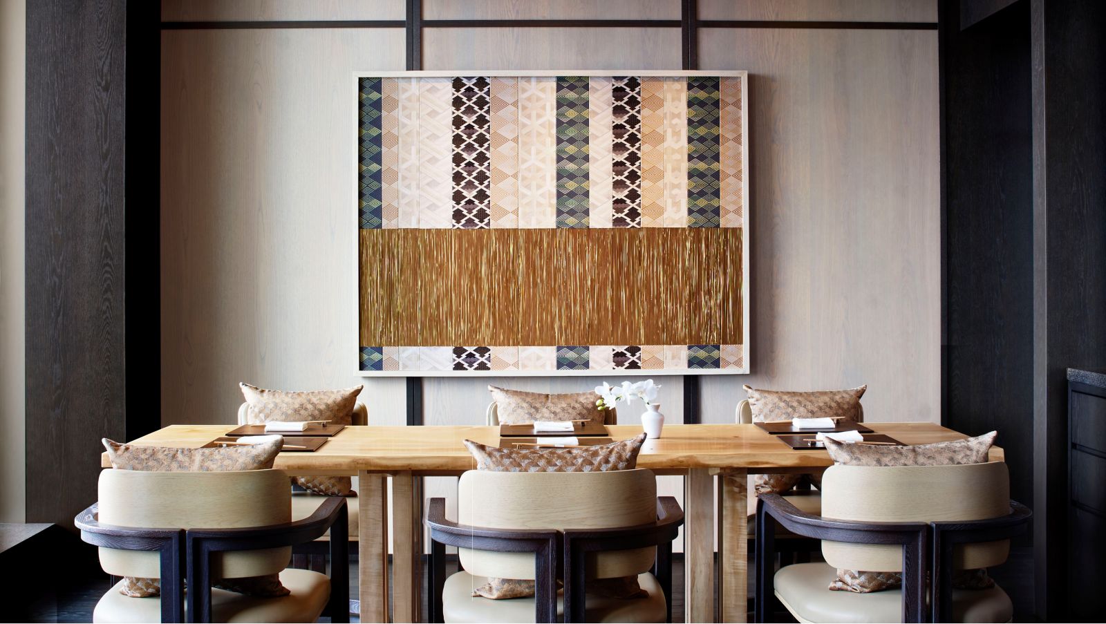 Genjyu restaurant interior with Hakata-ori textile art installation, tatami-style booth seating