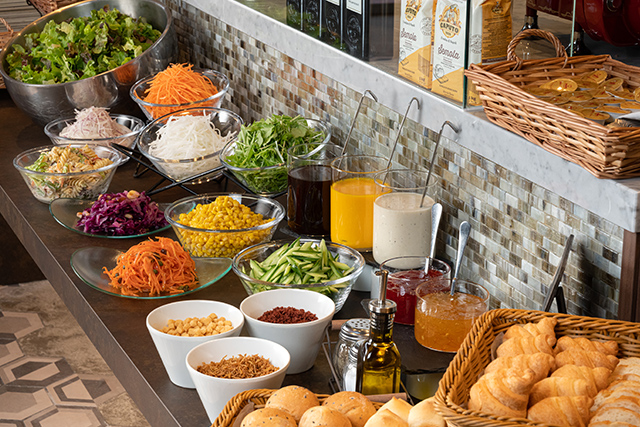 Close-up of breakfast dishes featuring local Fukuoka and Kyushu ingredients