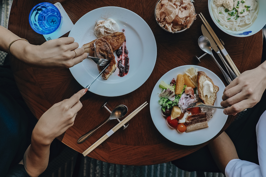 WITH THE STYLE FUKUOKA breakfast spread with French toast and seasonal salad plates