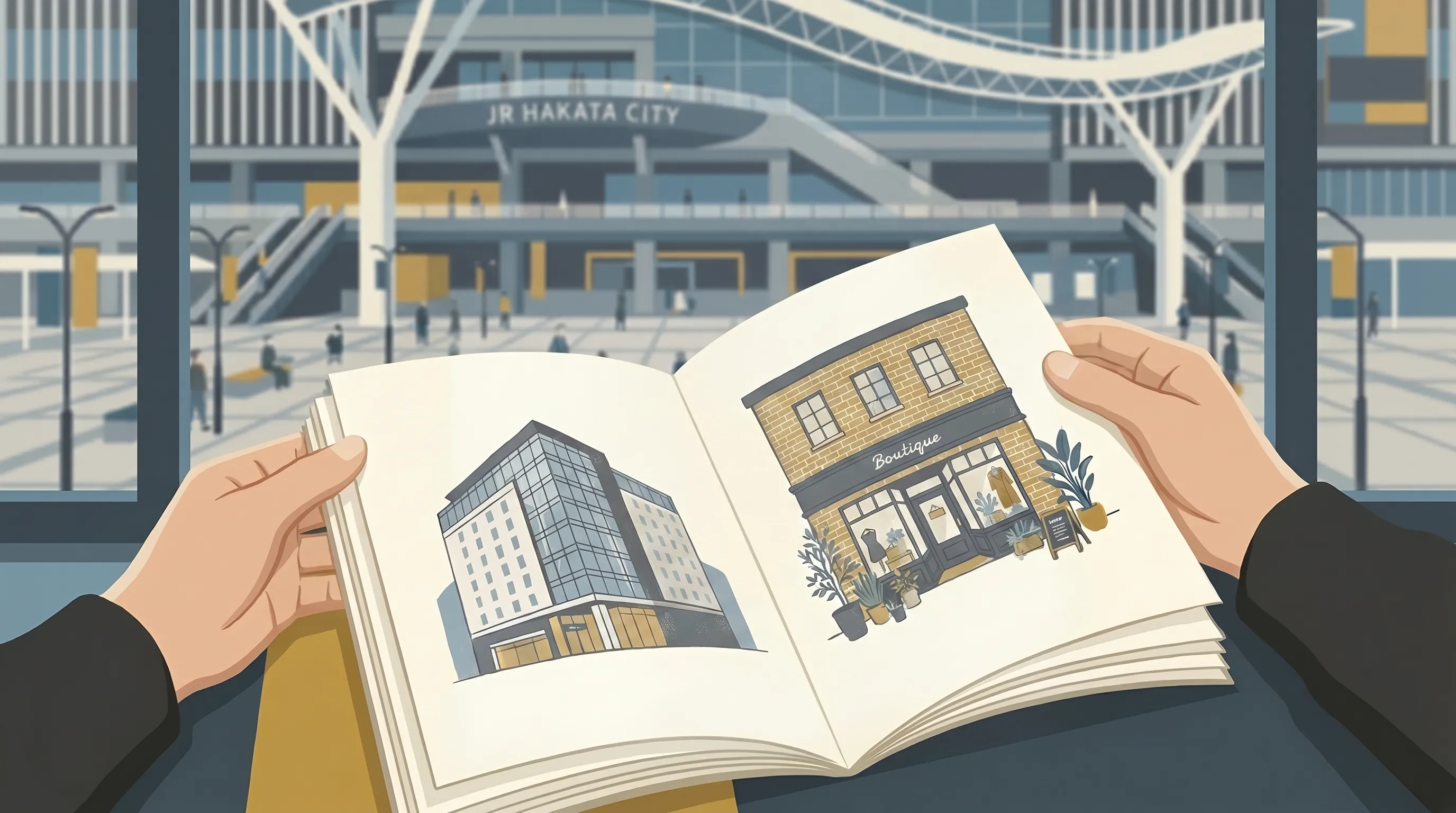 Illustration of hands holding an open Fukuoka guidebook in front of JR Hakata City station