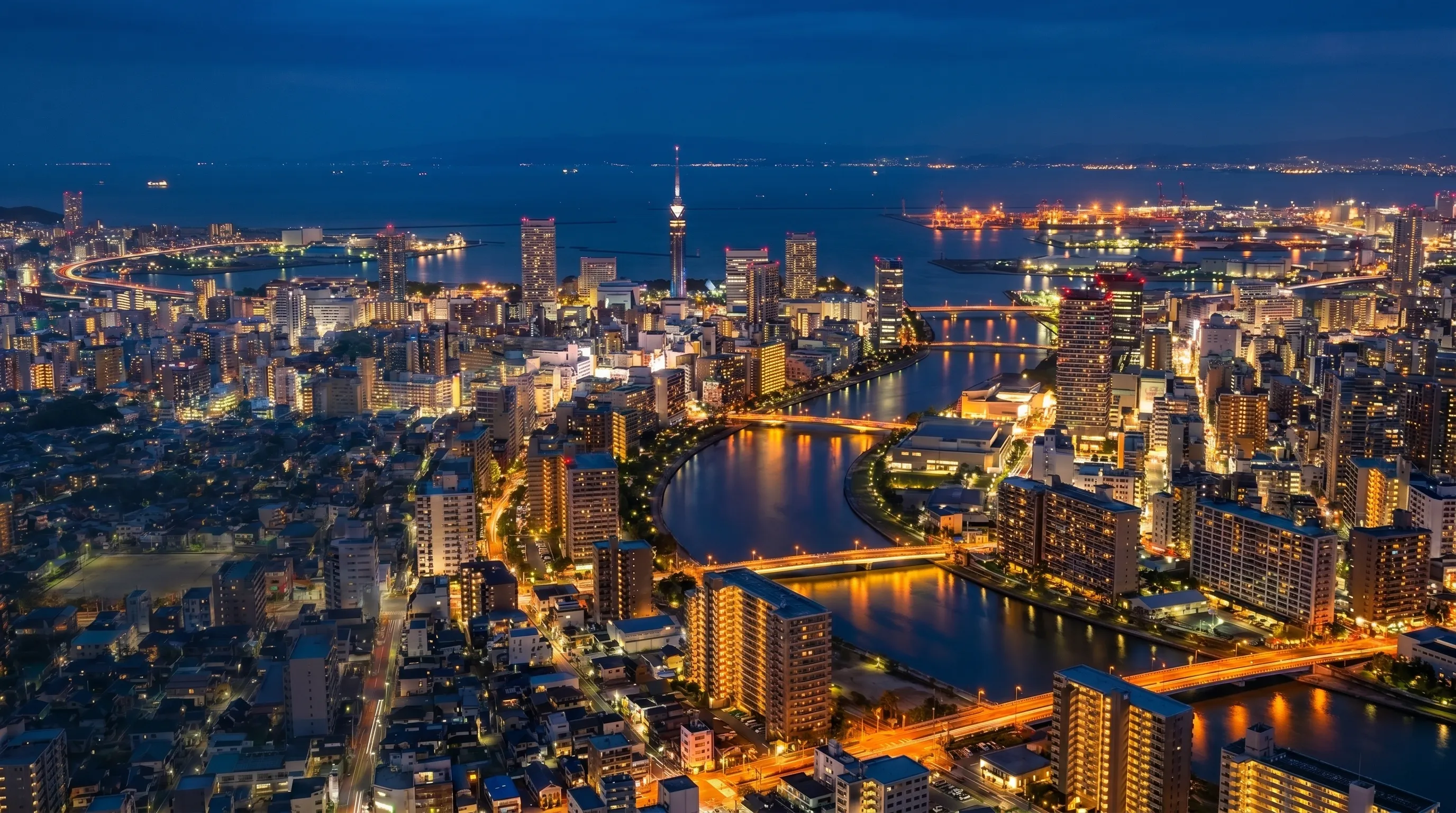 Aerial night panorama of central Fukuoka — the Fukuoka Tower stands above the Naka River and the city skyline, with Hakata Bay glowing in the distance